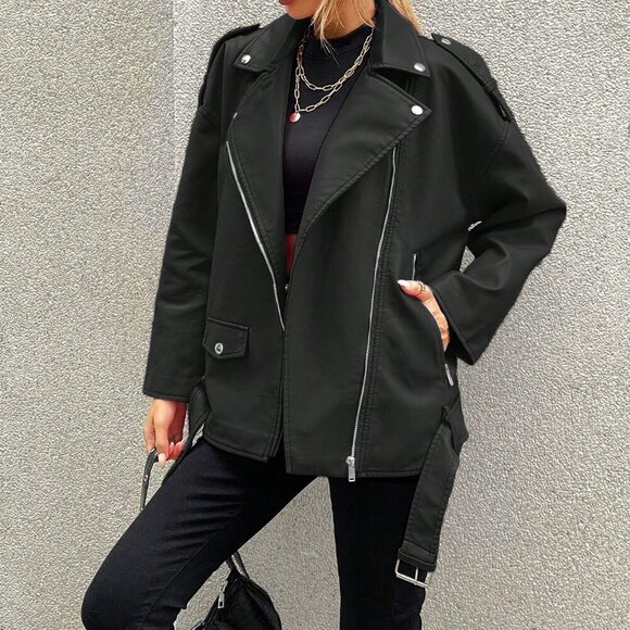 Black Casual Women's Zip Up Flap Detail Belted Moto Jacket - Picture 6 of 6